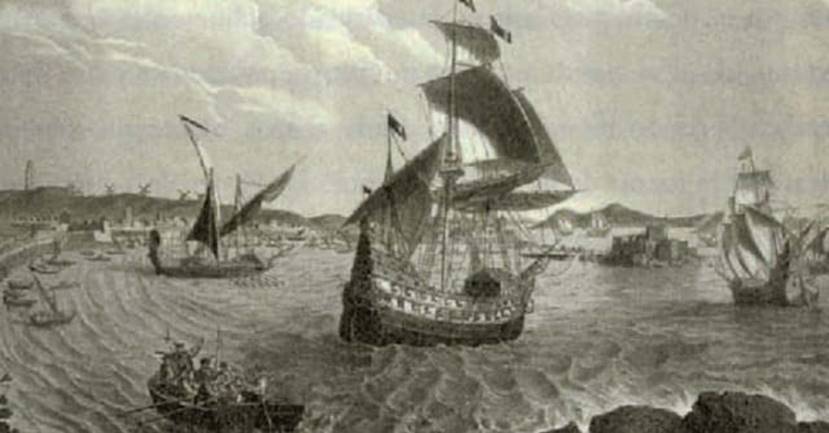 Descripción: Descripción: Descripción: Descripción: Descripción: En esta imagen se puede observar como la expedición de Loaísa se hace a la mar en el puerto de Coruña en 1525